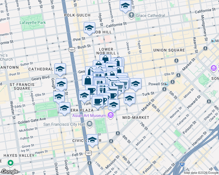 map of restaurants, bars, coffee shops, grocery stores, and more near 337 Hyde Street in San Francisco