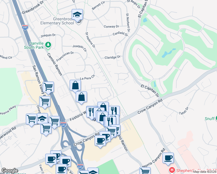 map of restaurants, bars, coffee shops, grocery stores, and more near 1257 Silverwood Court in Danville