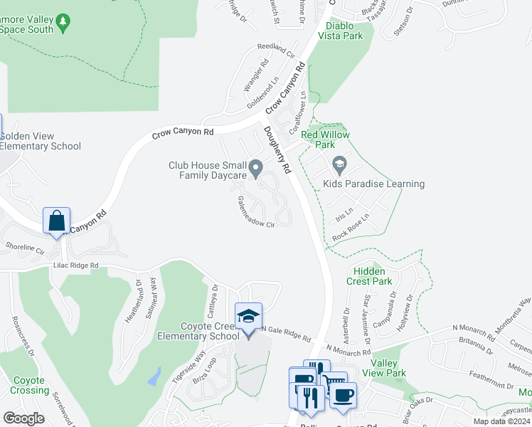 map of restaurants, bars, coffee shops, grocery stores, and more near 617 South Blackbrush Lane in San Ramon