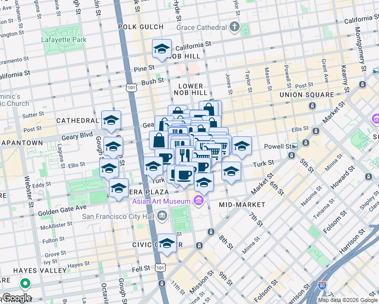 map of restaurants, bars, coffee shops, grocery stores, and more near in San Francisco