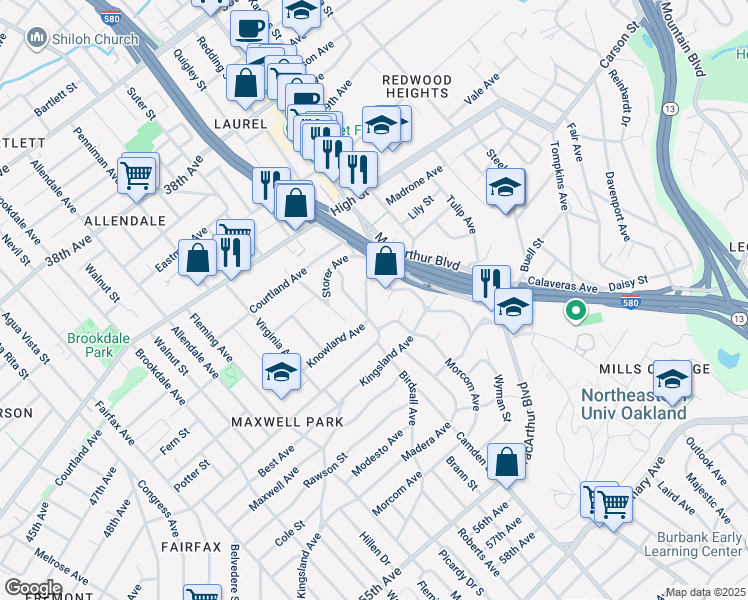 map of restaurants, bars, coffee shops, grocery stores, and more near 3508 Morcom Avenue in Oakland
