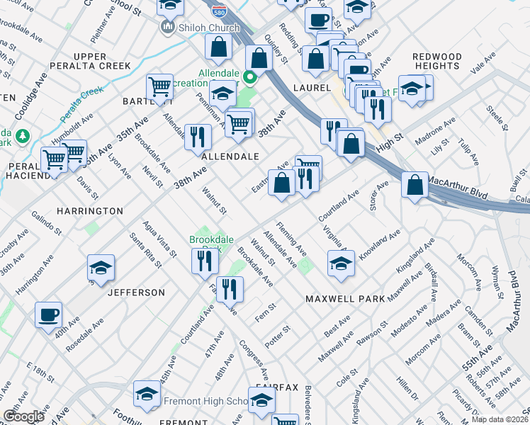 map of restaurants, bars, coffee shops, grocery stores, and more near 2820 High Street in Oakland
