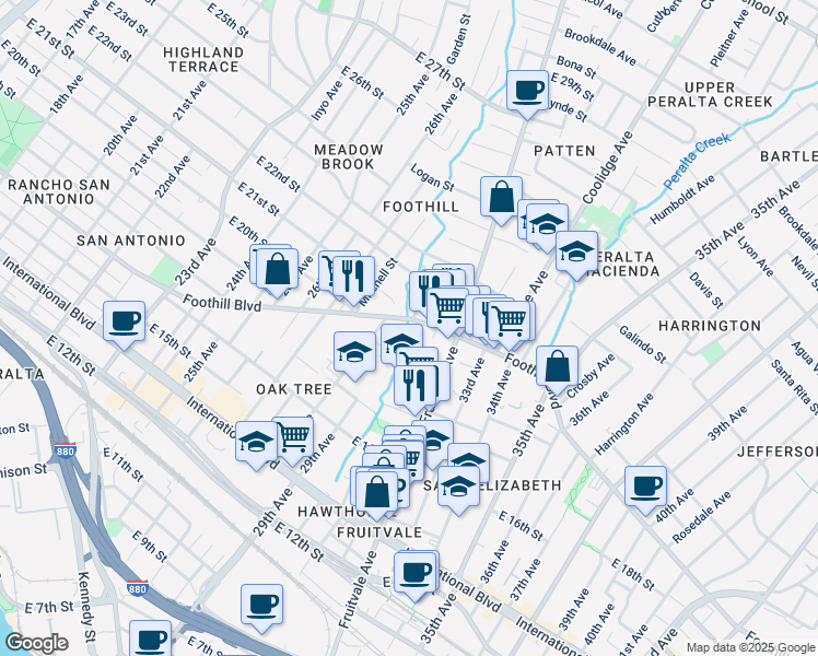 map of restaurants, bars, coffee shops, grocery stores, and more near 2932 East 19th Street in Oakland