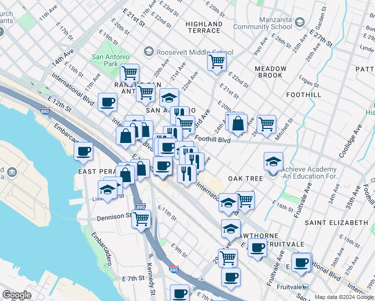 map of restaurants, bars, coffee shops, grocery stores, and more near 2372 East 15th Street in Oakland