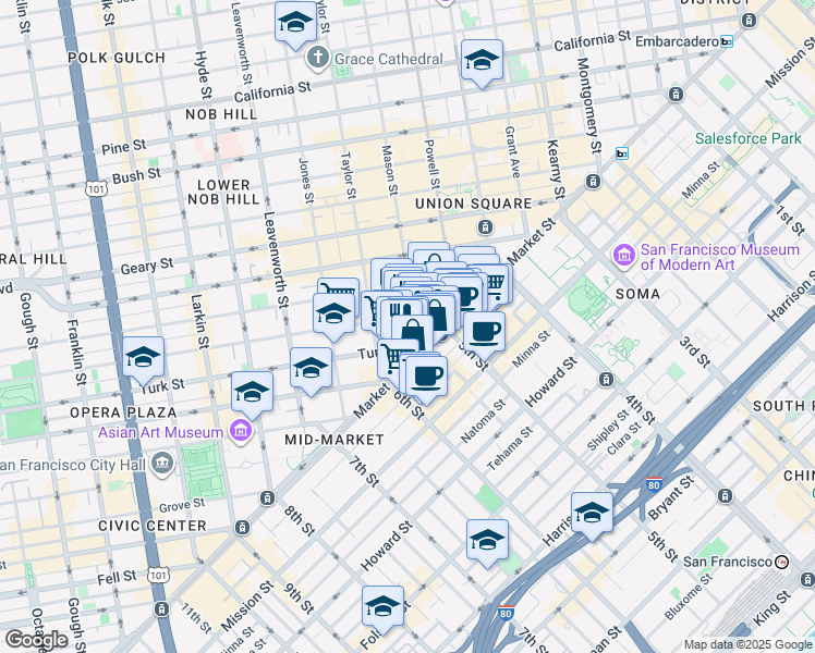 map of restaurants, bars, coffee shops, grocery stores, and more near 964 Market Street in San Francisco