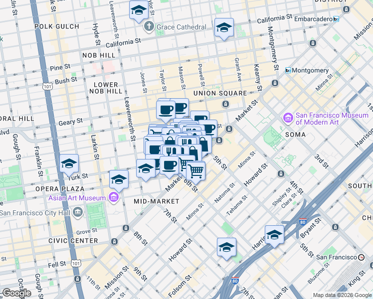 map of restaurants, bars, coffee shops, grocery stores, and more near 240 Jones Street in San Francisco