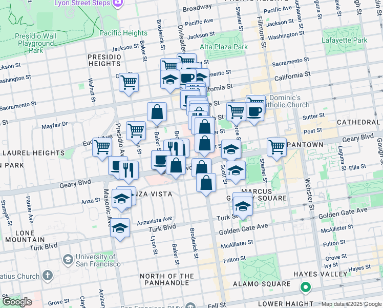 map of restaurants, bars, coffee shops, grocery stores, and more near 2238 Geary Boulevard in San Francisco