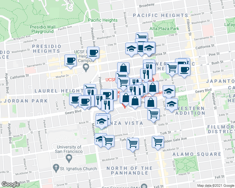 map of restaurants, bars, coffee shops, grocery stores, and more near 2531 Post Street in San Francisco