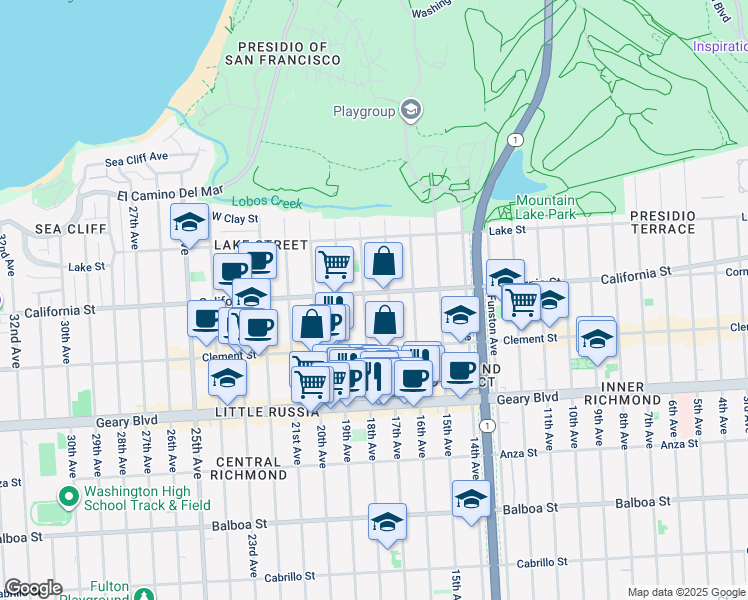 map of restaurants, bars, coffee shops, grocery stores, and more near 245 17th Avenue in San Francisco