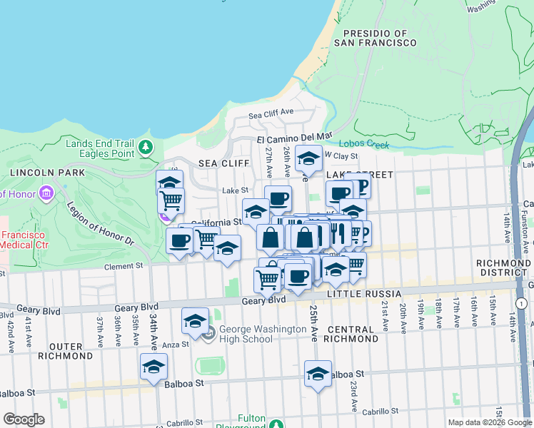 map of restaurants, bars, coffee shops, grocery stores, and more near 302 27th Avenue in San Francisco