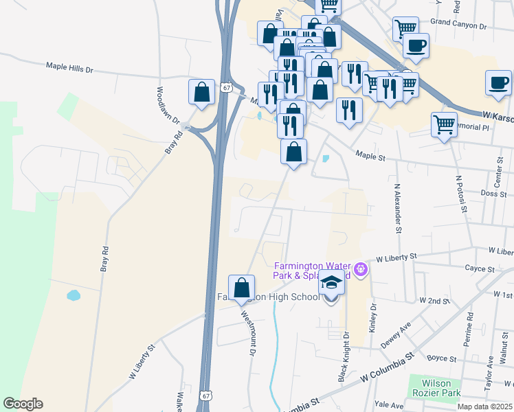 map of restaurants, bars, coffee shops, grocery stores, and more near 1250 Hazel Lane in Farmington