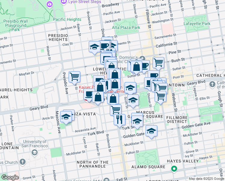 map of restaurants, bars, coffee shops, grocery stores, and more near 1545 Divisadero Street in San Francisco