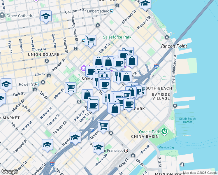 map of restaurants, bars, coffee shops, grocery stores, and more near 170 Hawthorne Street in San Francisco