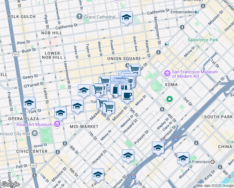 map of restaurants, bars, coffee shops, grocery stores, and more near 899 Market Street in San Francisco