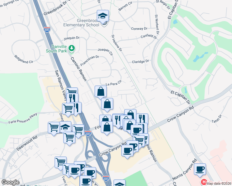 map of restaurants, bars, coffee shops, grocery stores, and more near 1981 Camino Ramon in Danville