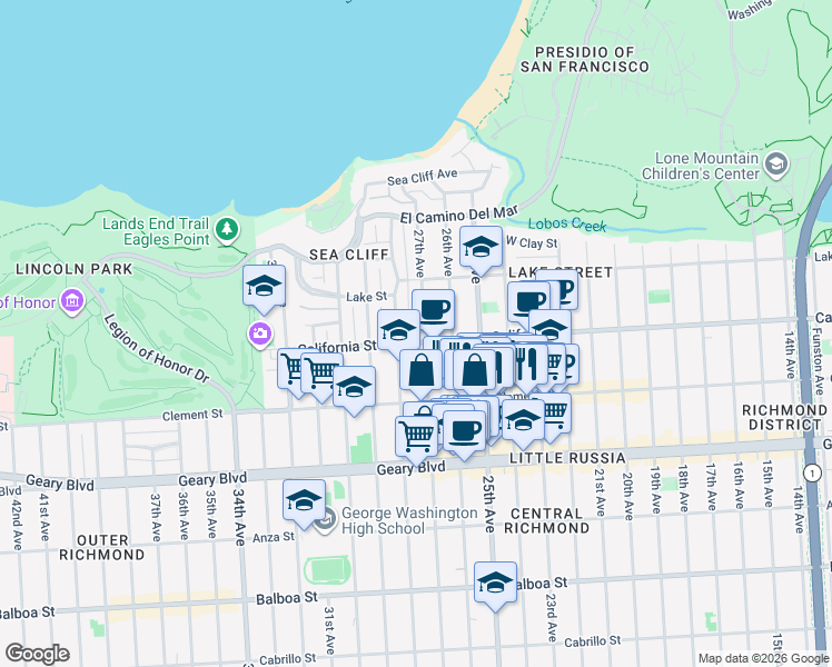 map of restaurants, bars, coffee shops, grocery stores, and more near 6514 California Street in San Francisco