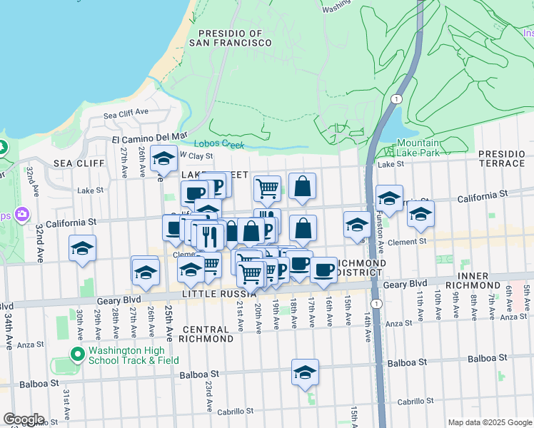 map of restaurants, bars, coffee shops, grocery stores, and more near 236 20th Avenue in San Francisco