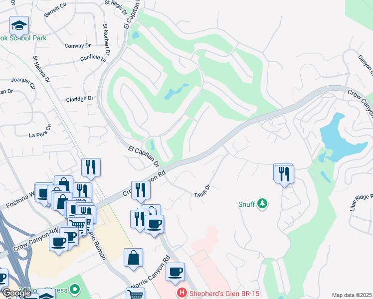 map of restaurants, bars, coffee shops, grocery stores, and more near 613 Paradise Valley Court in Danville