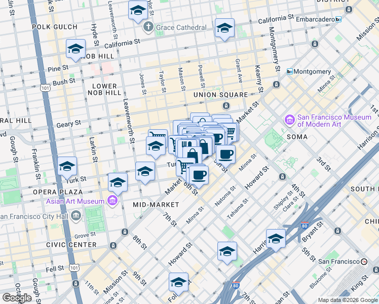 map of restaurants, bars, coffee shops, grocery stores, and more near in San Francisco