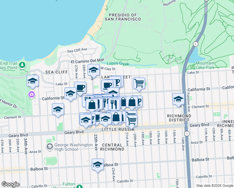 map of restaurants, bars, coffee shops, grocery stores, and more near California St & 22nd Ave in San Francisco
