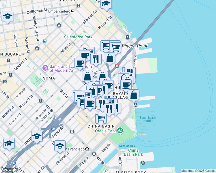 map of restaurants, bars, coffee shops, grocery stores, and more near 250 Brannan Street in San Francisco