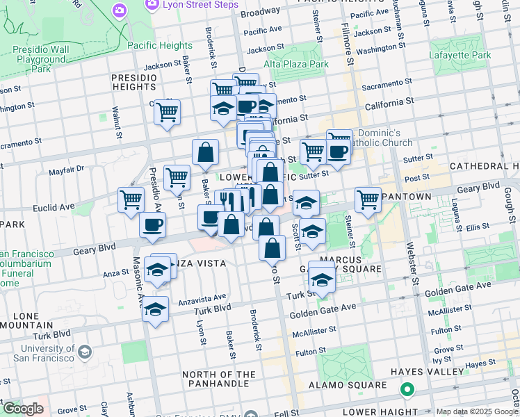map of restaurants, bars, coffee shops, grocery stores, and more near 1545 Divisadero Street in San Francisco