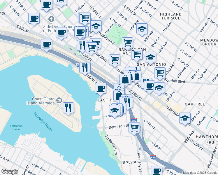 map of restaurants, bars, coffee shops, grocery stores, and more near 1830 Embarcadero in Oakland