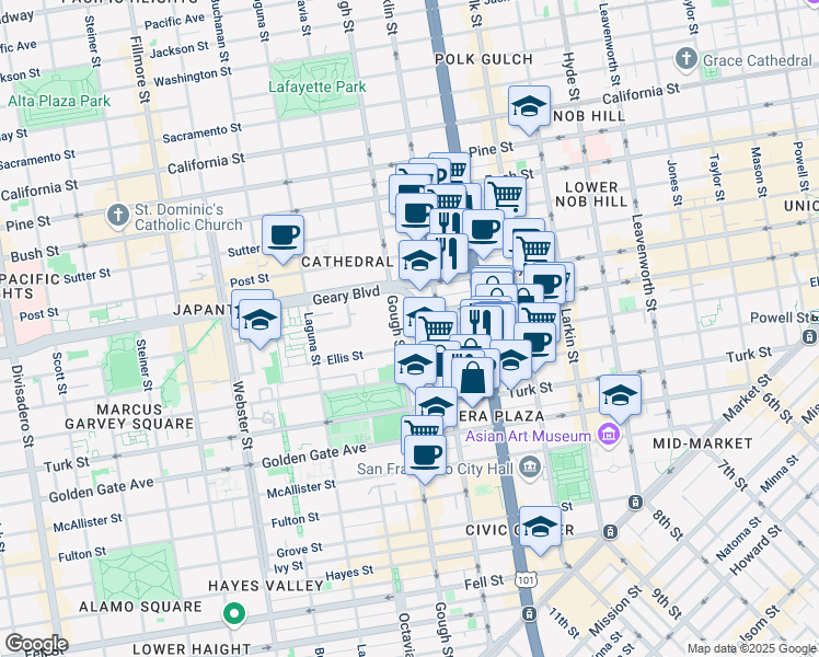 map of restaurants, bars, coffee shops, grocery stores, and more near 1100 Gough Street in San Francisco