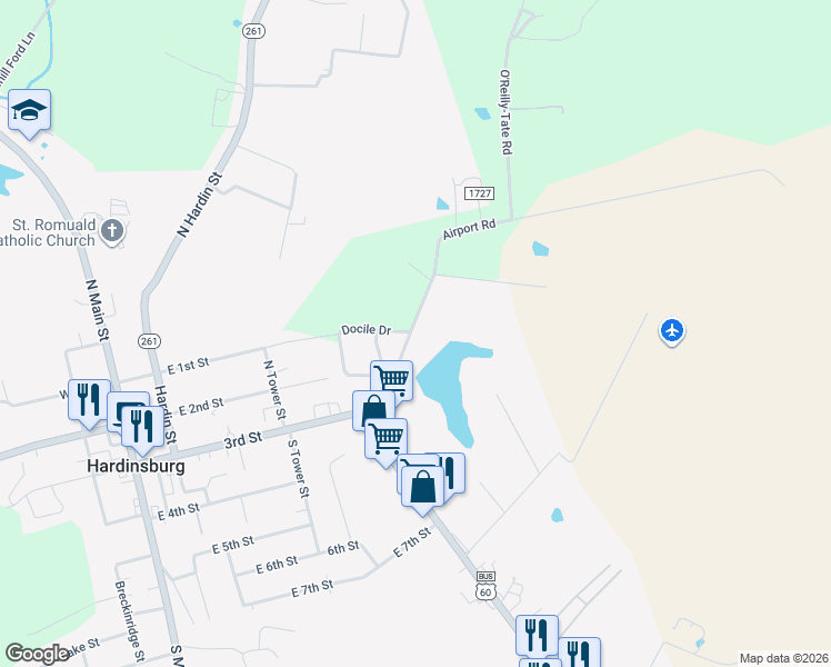 map of restaurants, bars, coffee shops, grocery stores, and more near 86 Airport Road in Hardinsburg