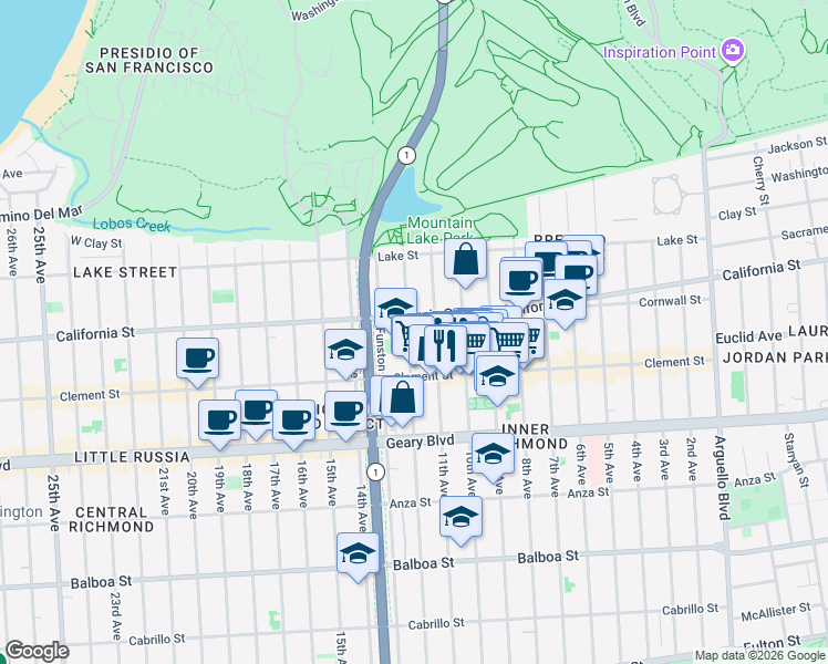 map of restaurants, bars, coffee shops, grocery stores, and more near 250 12th Avenue in San Francisco