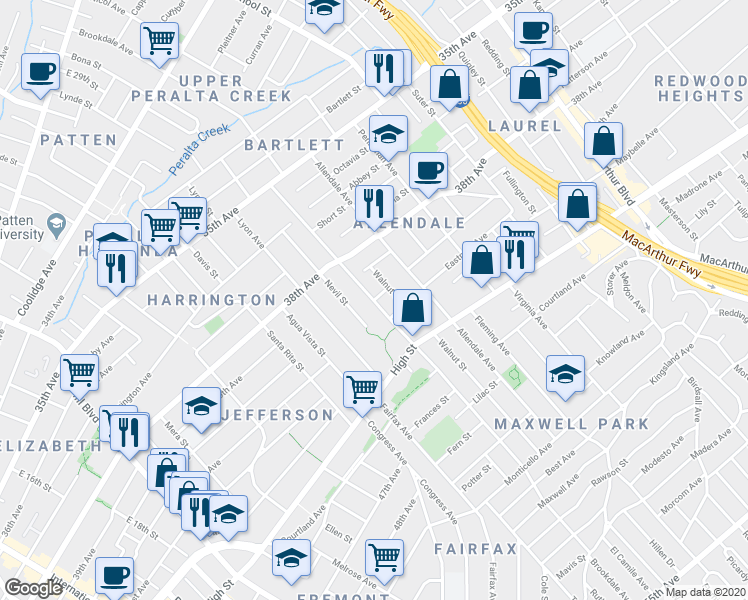 map of restaurants, bars, coffee shops, grocery stores, and more near 3947 Brookdale Avenue in Oakland