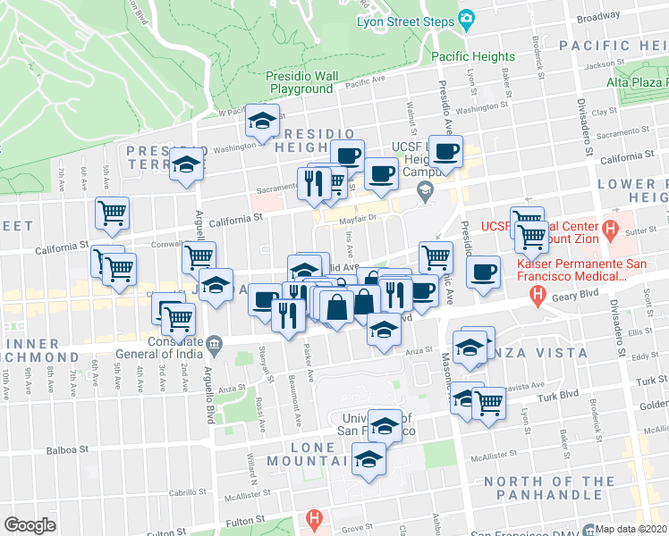 map of restaurants, bars, coffee shops, grocery stores, and more near Euclid Avenue & Heather Avenue in San Francisco