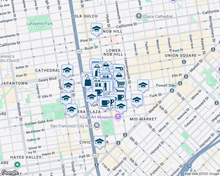map of restaurants, bars, coffee shops, grocery stores, and more near in San Francisco