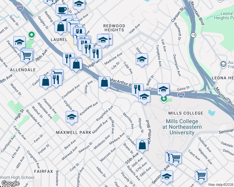 map of restaurants, bars, coffee shops, grocery stores, and more near 3428 Kingsland Avenue in Oakland
