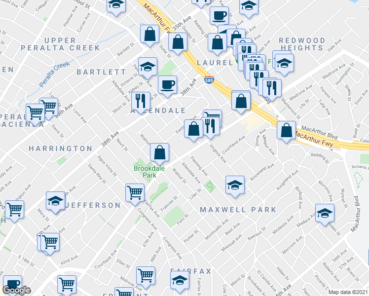 map of restaurants, bars, coffee shops, grocery stores, and more near 2820 High Street in Oakland