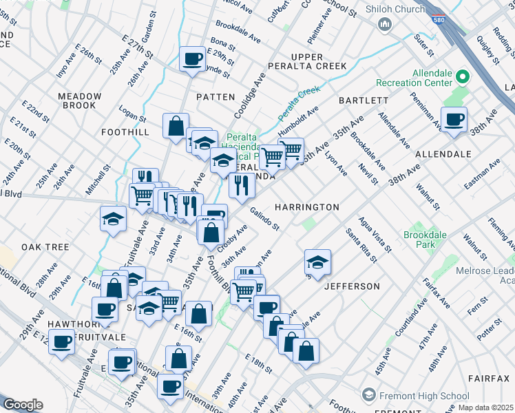 map of restaurants, bars, coffee shops, grocery stores, and more near 3558 Galindo Street in Oakland