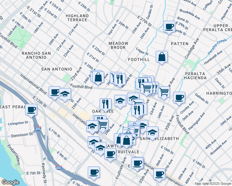 map of restaurants, bars, coffee shops, grocery stores, and more near 1751 28th Avenue in Oakland