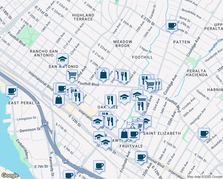 map of restaurants, bars, coffee shops, grocery stores, and more near 1711 27th Avenue in Oakland