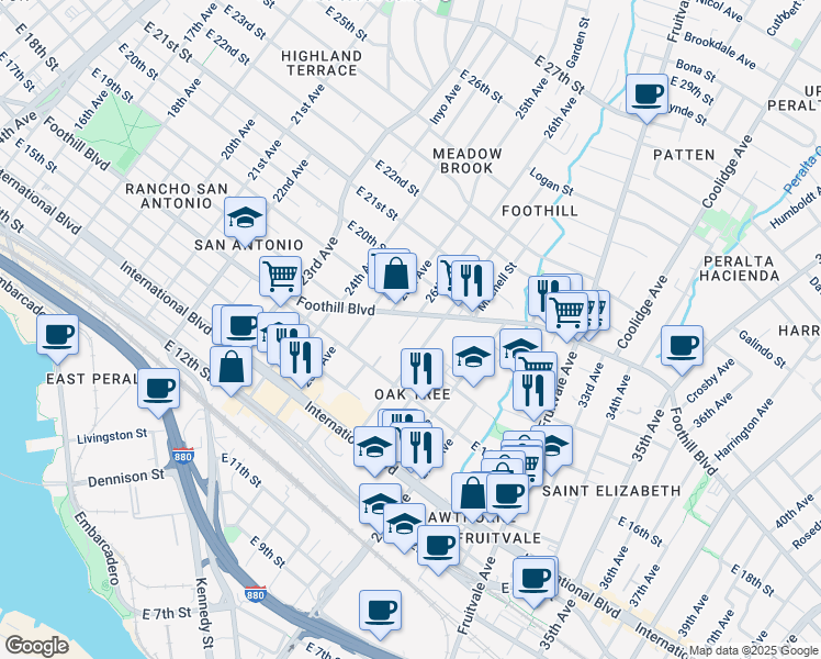 map of restaurants, bars, coffee shops, grocery stores, and more near 1711 27th Avenue in Oakland