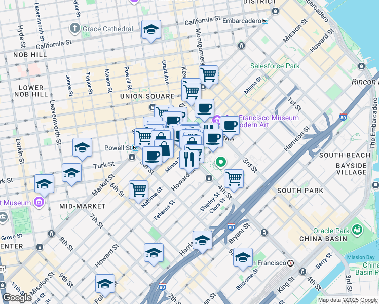 map of restaurants, bars, coffee shops, grocery stores, and more near 175 4th Street in San Francisco