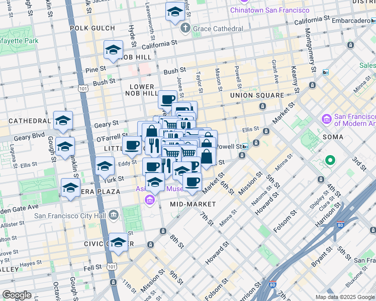 map of restaurants, bars, coffee shops, grocery stores, and more near 355 Eddy Street in San Francisco