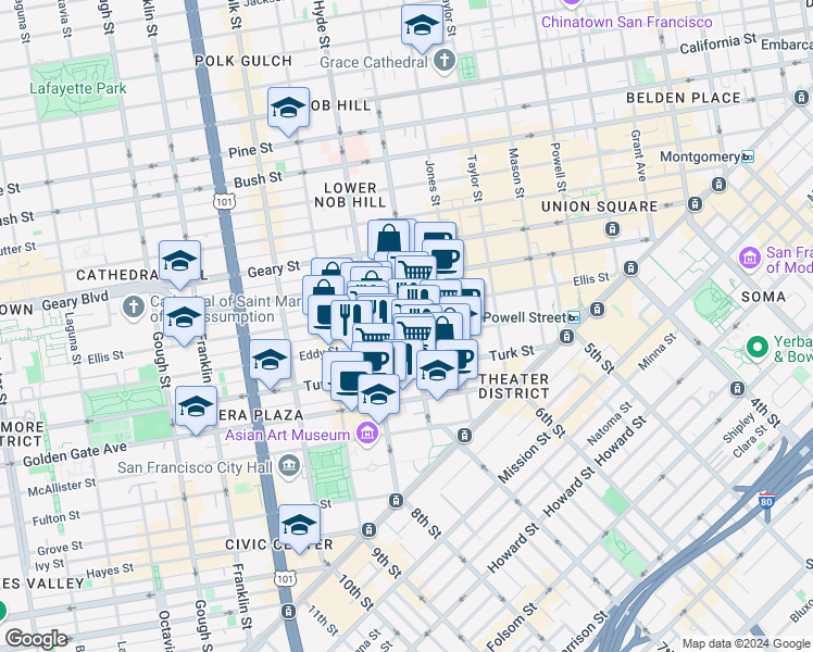map of restaurants, bars, coffee shops, grocery stores, and more near 455 Eddy Street in San Francisco