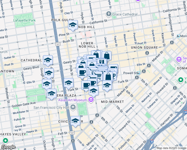 map of restaurants, bars, coffee shops, grocery stores, and more near 455 Eddy Street in San Francisco