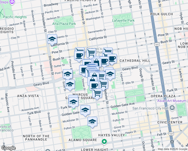 map of restaurants, bars, coffee shops, grocery stores, and more near 1445 Fillmore Street in San Francisco