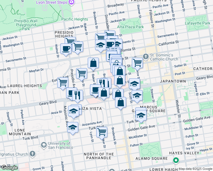 map of restaurants, bars, coffee shops, grocery stores, and more near 350 Saint Joseph's Avenue in San Francisco