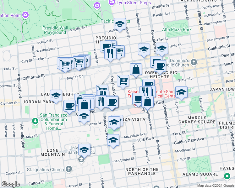 map of restaurants, bars, coffee shops, grocery stores, and more near 949 Presidio Avenue in San Francisco