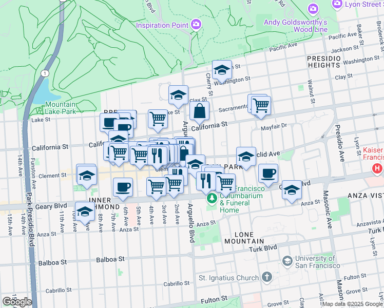 map of restaurants, bars, coffee shops, grocery stores, and more near 412 Arguello Boulevard in San Francisco