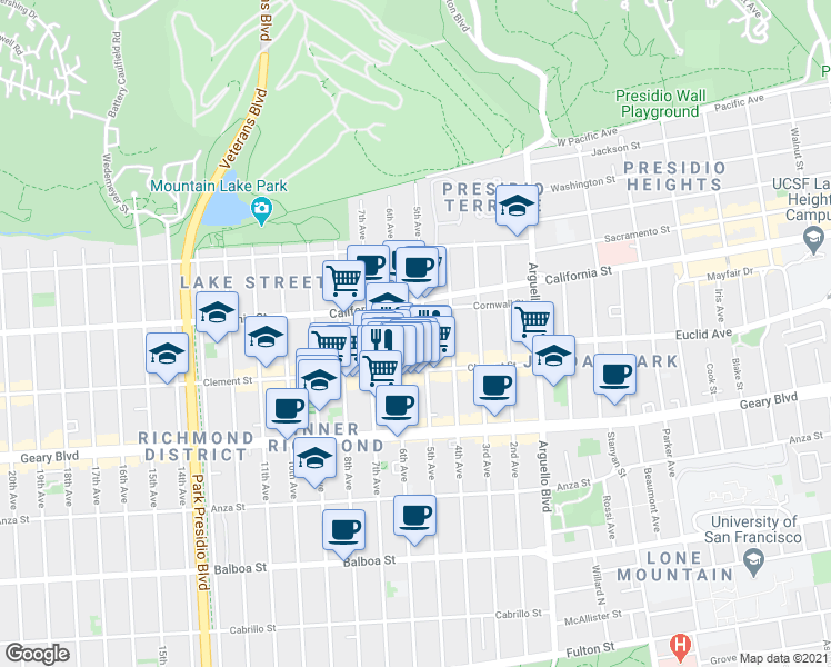 map of restaurants, bars, coffee shops, grocery stores, and more near 431 Clement Street in San Francisco