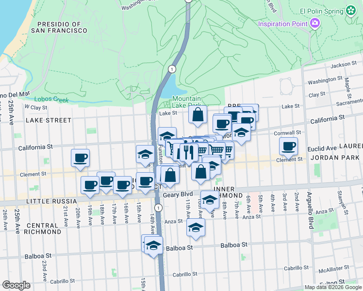 map of restaurants, bars, coffee shops, grocery stores, and more near 250 12th Avenue in San Francisco