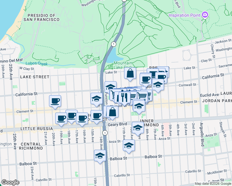 map of restaurants, bars, coffee shops, grocery stores, and more near 250 12th Avenue in San Francisco